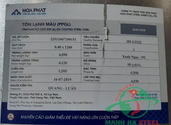 Thông số tôn lạnh màu Hòa Phát